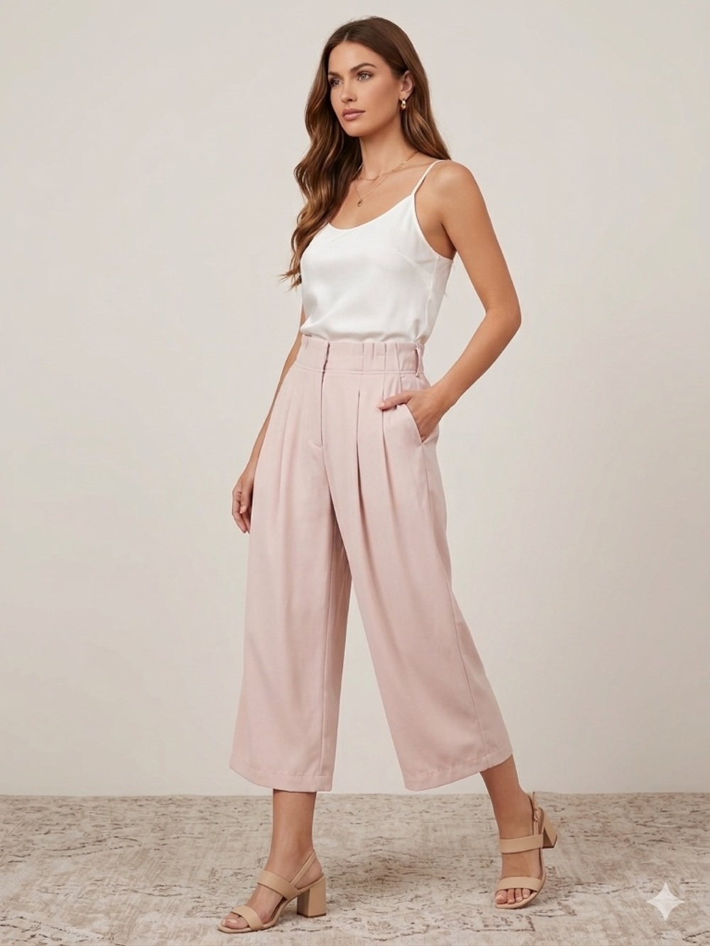 Forever 21 High-Waist Pleated Cropped Wide-Leg Pants - Light Pink